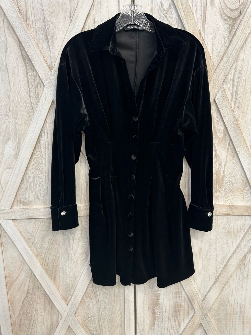 Zara Black Velvet Long-Sleeve Button Front Dress